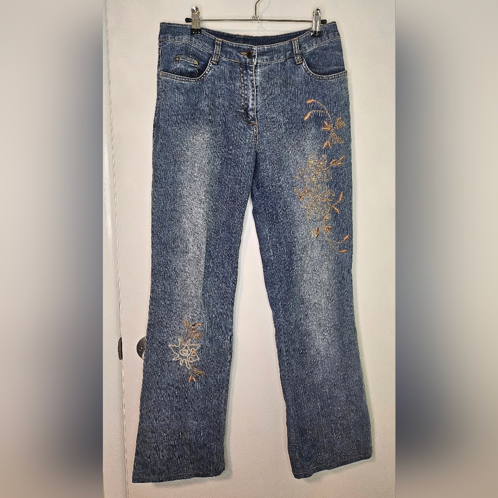Y2K Simon Chang Embroidered Medium Wash Bootcut Jeans With Rhinestones